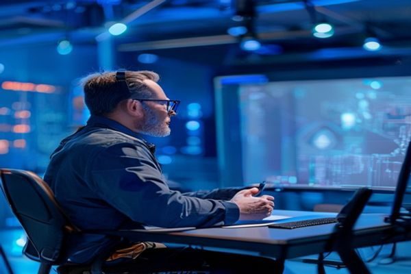 精品知识教育视频专区，讲师在现代化演播室录制课程，背景蓝色科技感强烈